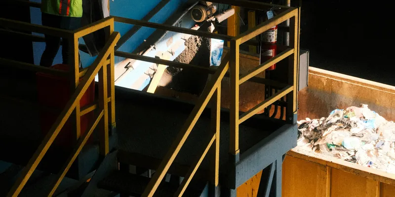 A recycling worker monitoring material on a processing line
